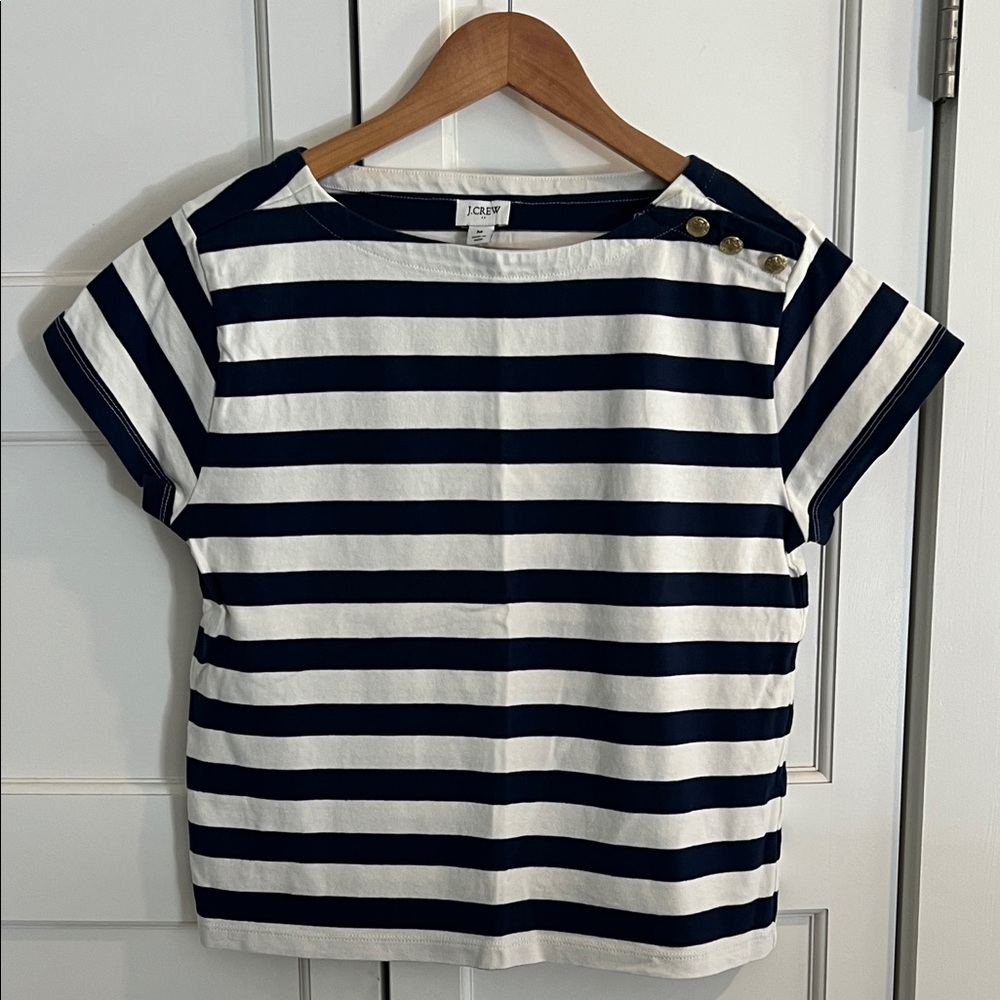 J. Crew Navy and White Striped Tee with Button Accents